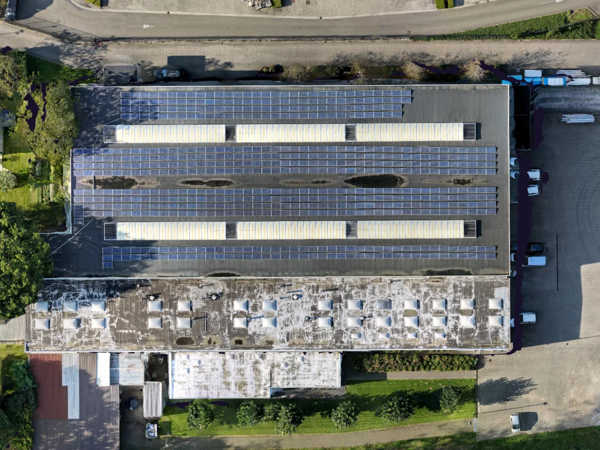 Bovenaanzicht van een productiedak met vier rijen zonnepanelen en twee lichtstraten